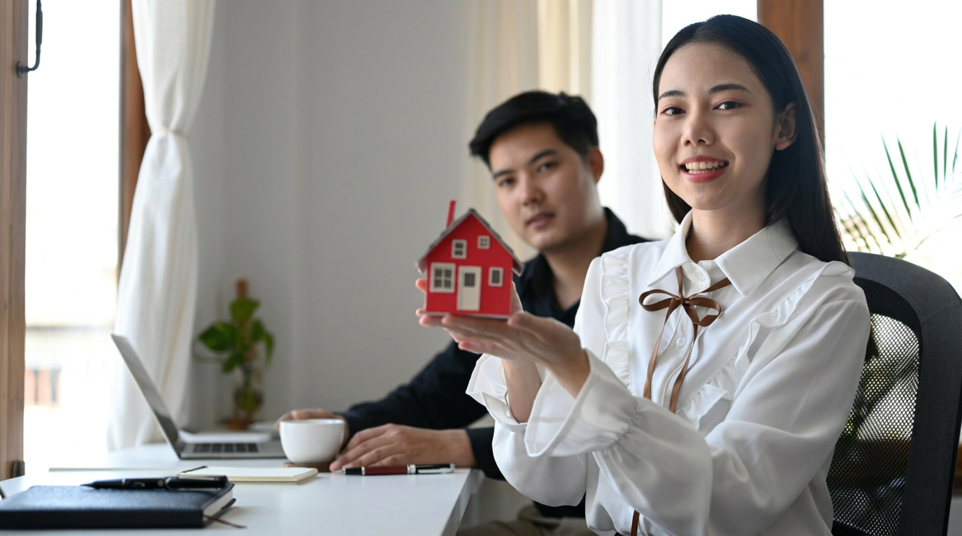 Property consultants with a model house