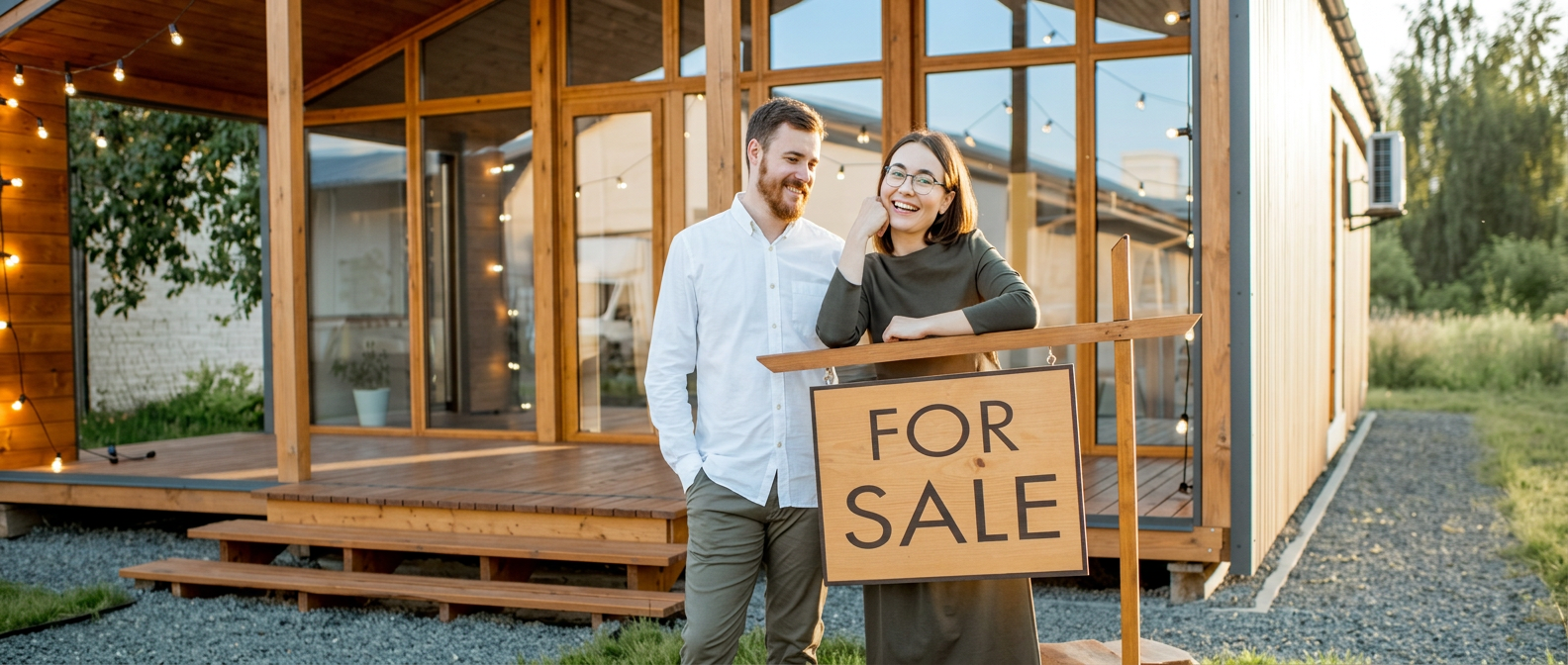 Happy couple in front of their new home